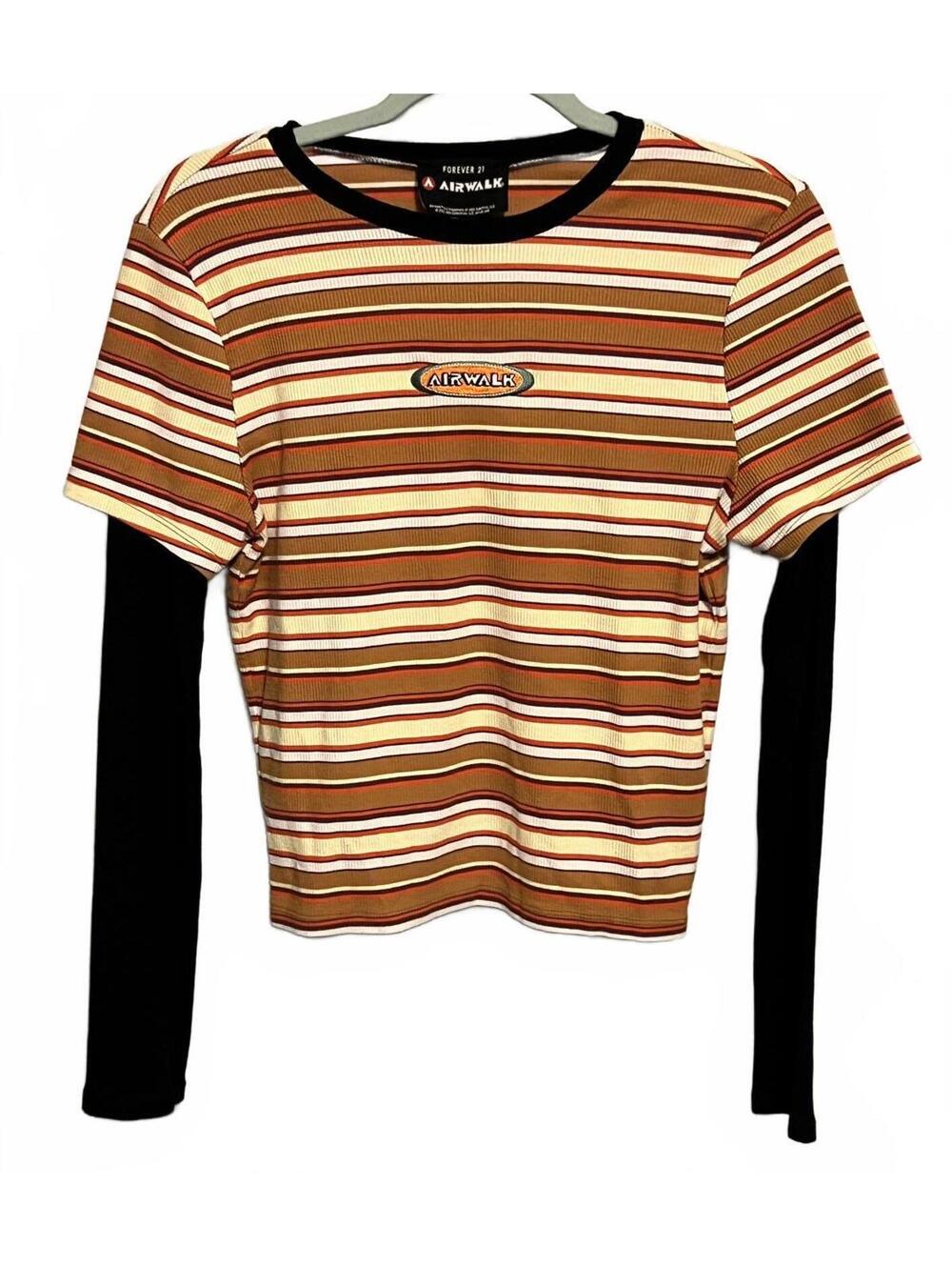 Forever 21/Airwalk Y2K Women's Striped Long Sleeve Layered Top, Size Large